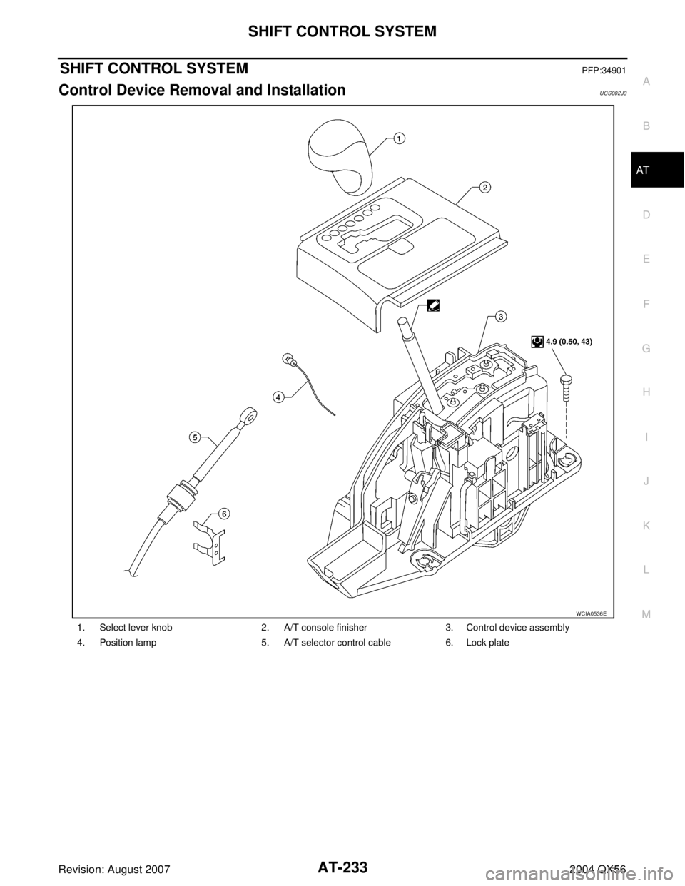 INFINITI QX56 2004  Factory Service Manual SHIFT CONTROL SYSTEM
AT-233
D
E
F
G
H
I
J
K
L
MA
B
AT
Revision: August 20072004 QX56
SHIFT CONTROL SYSTEMPFP:34901
Control Device Removal and InstallationUCS002J3
1. Select lever knob 2. A/T console f