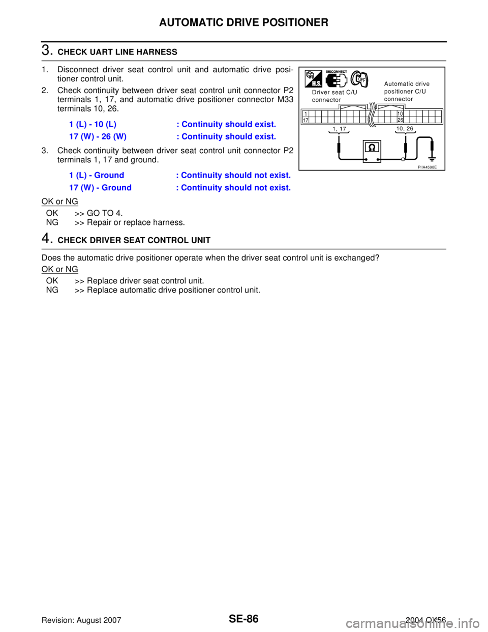 INFINITI QX56 2004  Factory Service Manual SE-86
AUTOMATIC DRIVE POSITIONER
Revision: August 20072004 QX56
3. CHECK UART LINE HARNESS
1. Disconnect driver seat control unit and automatic drive posi-
tioner control unit.
2. Check continuity bet