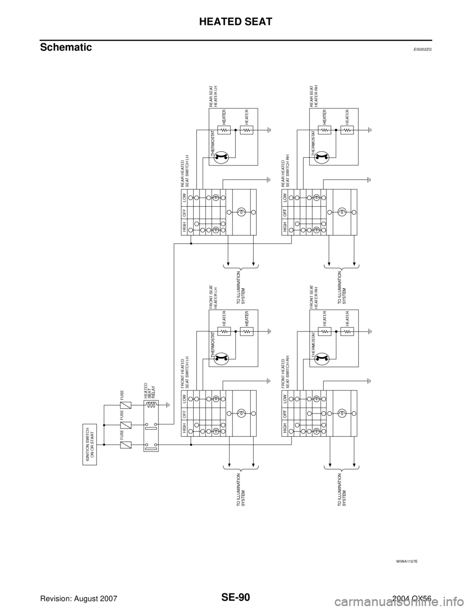 INFINITI QX56 2004  Factory Service Manual SE-90
HEATED SEAT
Revision: August 20072004 QX56
SchematicEIS002ZG
WIWA1107E 