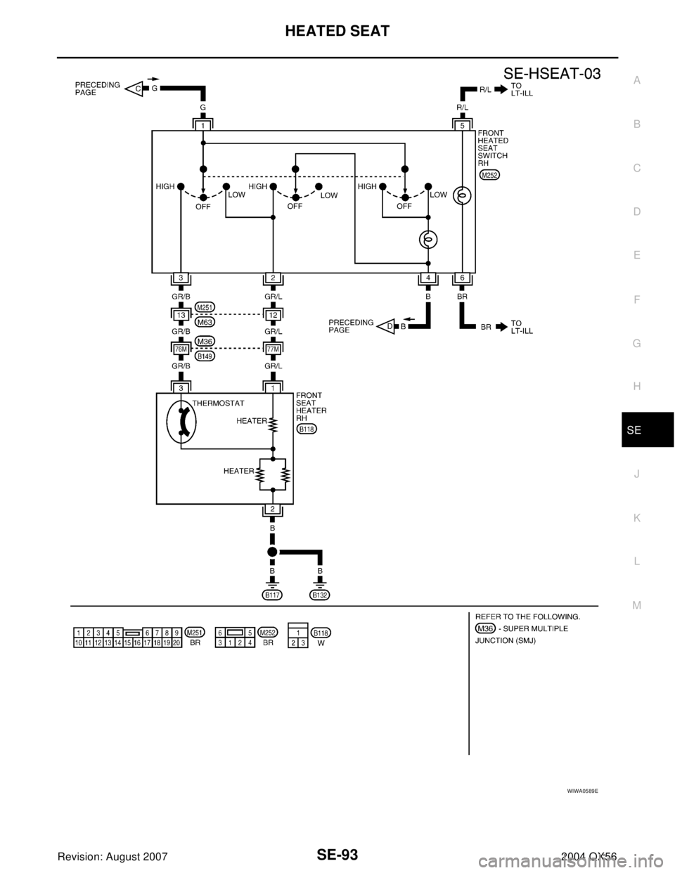 INFINITI QX56 2004  Factory Service Manual HEATED SEAT
SE-93
C
D
E
F
G
H
J
K
L
MA
B
SE
Revision: August 20072004 QX56
WIWA0589E 