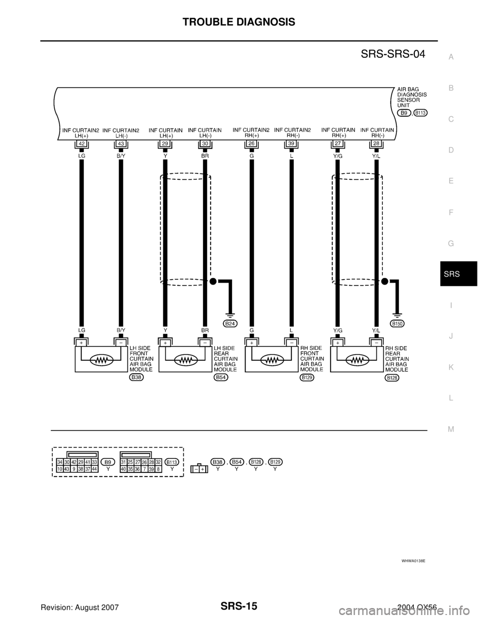 INFINITI QX56 2004  Factory Service Manual TROUBLE DIAGNOSIS
SRS-15
C
D
E
F
G
I
J
K
L
MA
B
SRS
Revision: August 20072004 QX56
WHWA0138E 