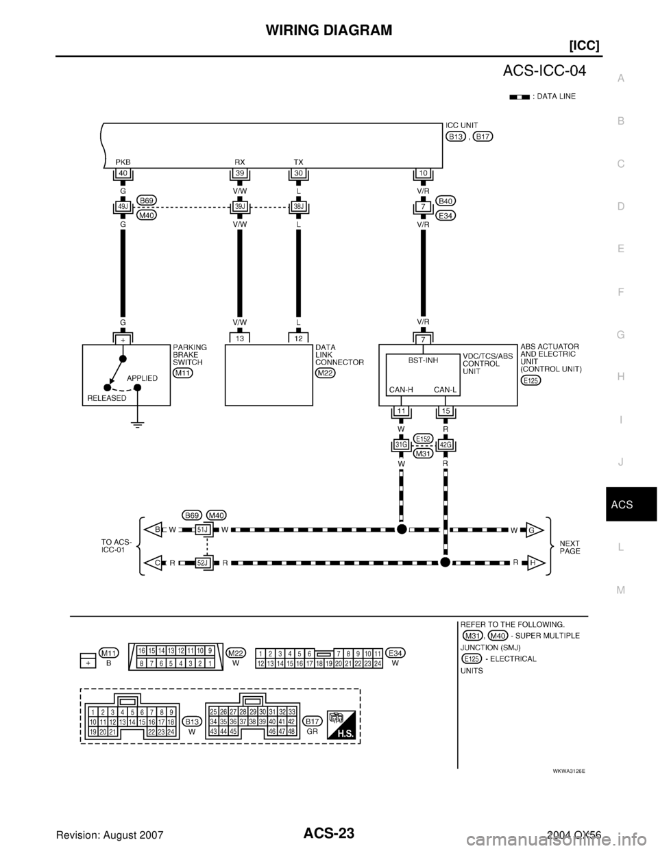 INFINITI QX56 2004  Factory Service Manual WIRING DIAGRAM
ACS-23
[ICC]
C
D
E
F
G
H
I
J
L
MA
B
ACS
Revision: August 20072004 QX56
WKWA3126E 