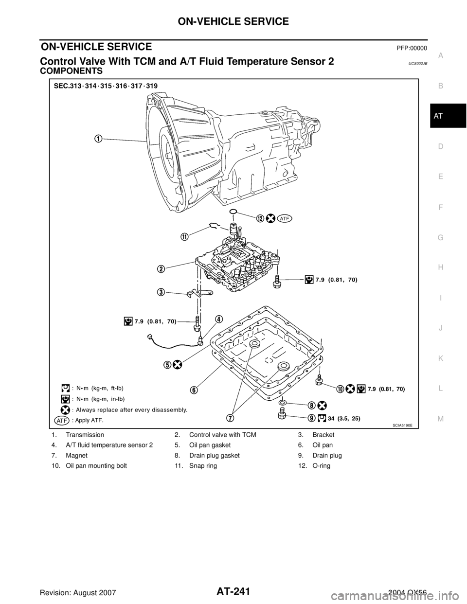 INFINITI QX56 2004  Factory Service Manual ON-VEHICLE SERVICE
AT-241
D
E
F
G
H
I
J
K
L
MA
B
AT
Revision: August 20072004 QX56
ON-VEHICLE SERVICEPFP:00000
Control Valve With TCM and A/T Fluid Temperature Sensor 2UCS002J B
COMPONENTS
1. Transmis