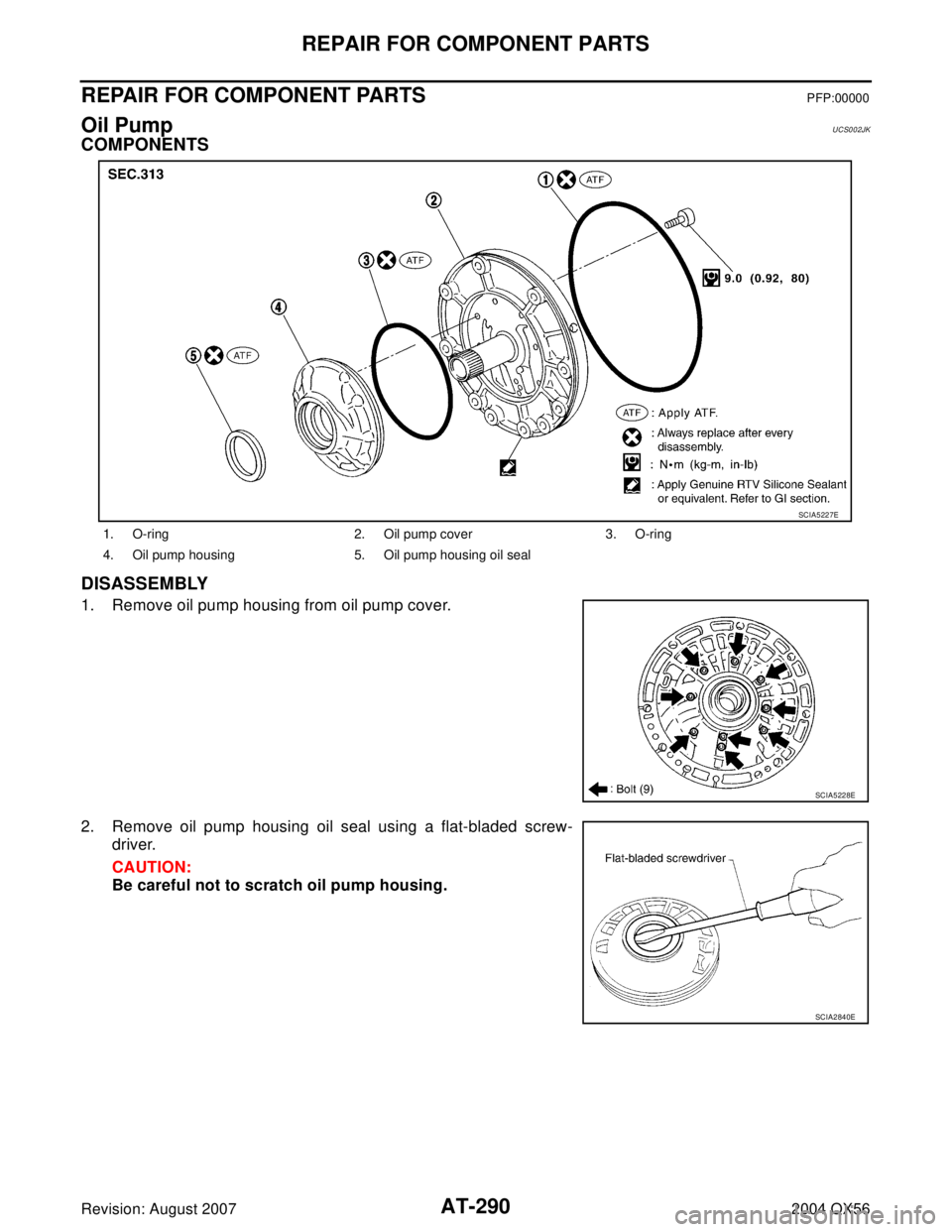 INFINITI QX56 2004  Factory Service Manual AT-290
REPAIR FOR COMPONENT PARTS
Revision: August 20072004 QX56
REPAIR FOR COMPONENT PARTSPFP:00000
Oil PumpUCS002JK
COMPONENTS
DISASSEMBLY
1. Remove oil pump housing from oil pump cover.
2. Remove o
