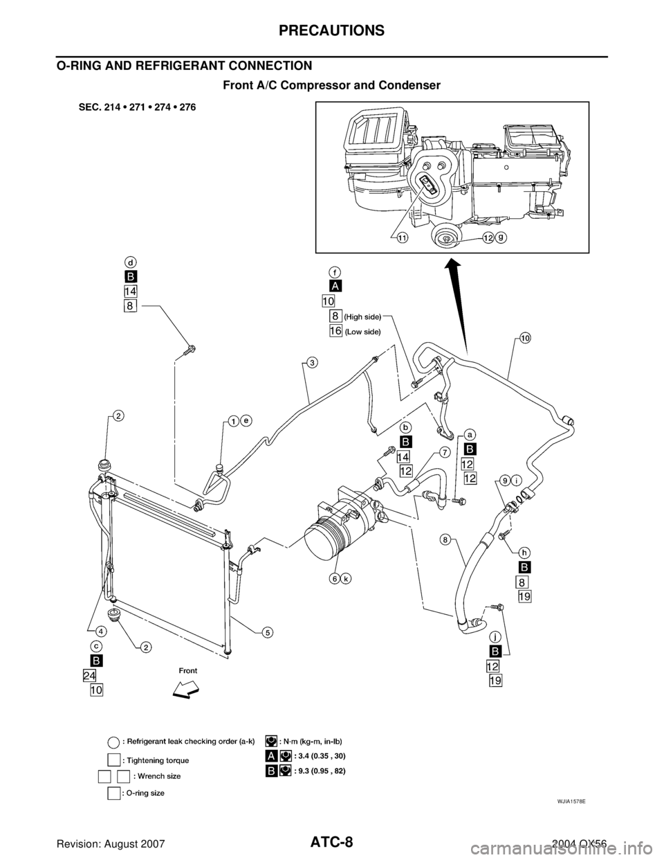 INFINITI QX56 2004  Factory Service Manual ATC-8
PRECAUTIONS
Revision: August 20072004 QX56
O-RING AND REFRIGERANT CONNECTION
Front A/C Compressor and Condenser
WJIA1578E 