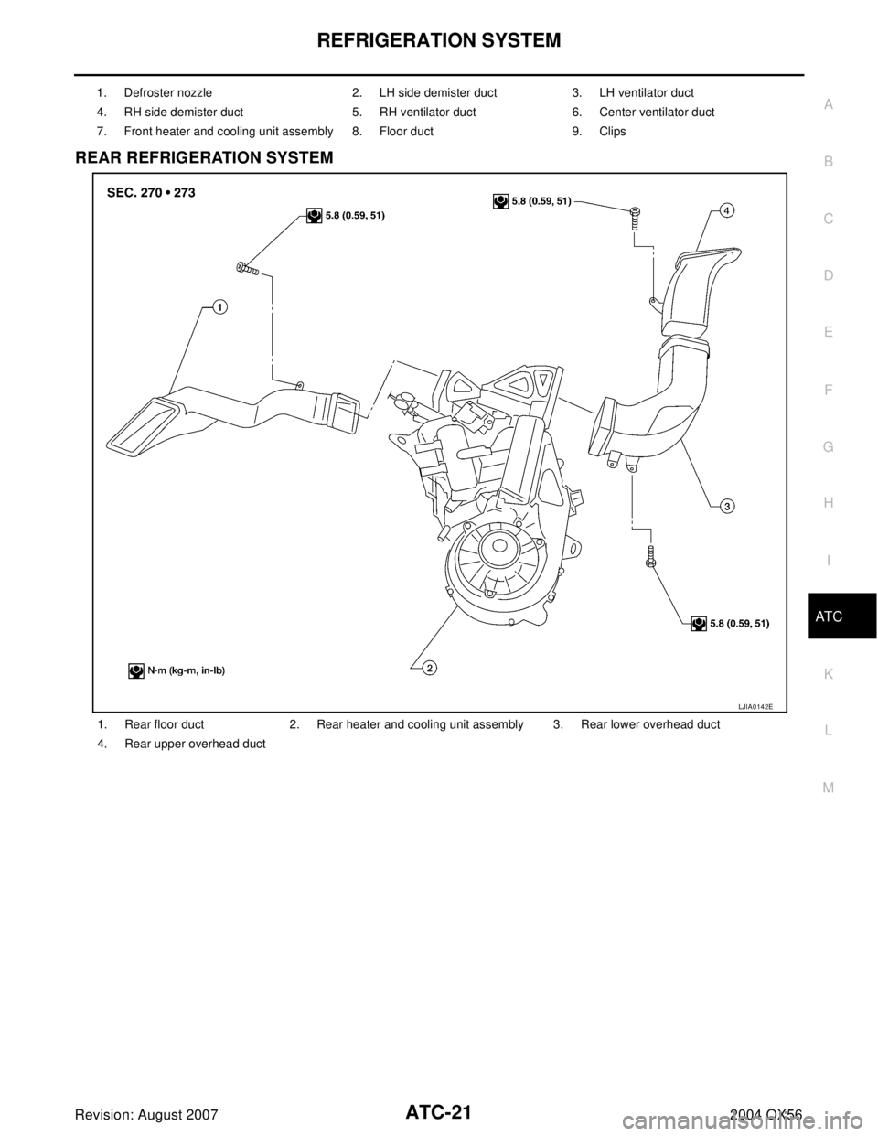 INFINITI QX56 2004  Factory Service Manual REFRIGERATION SYSTEM
ATC-21
C
D
E
F
G
H
I
K
L
MA
B
AT C
Revision: August 20072004 QX56
REAR REFRIGERATION SYSTEM
1. Defroster nozzle 2. LH side demister duct 3. LH ventilator duct
4. RH side demister 