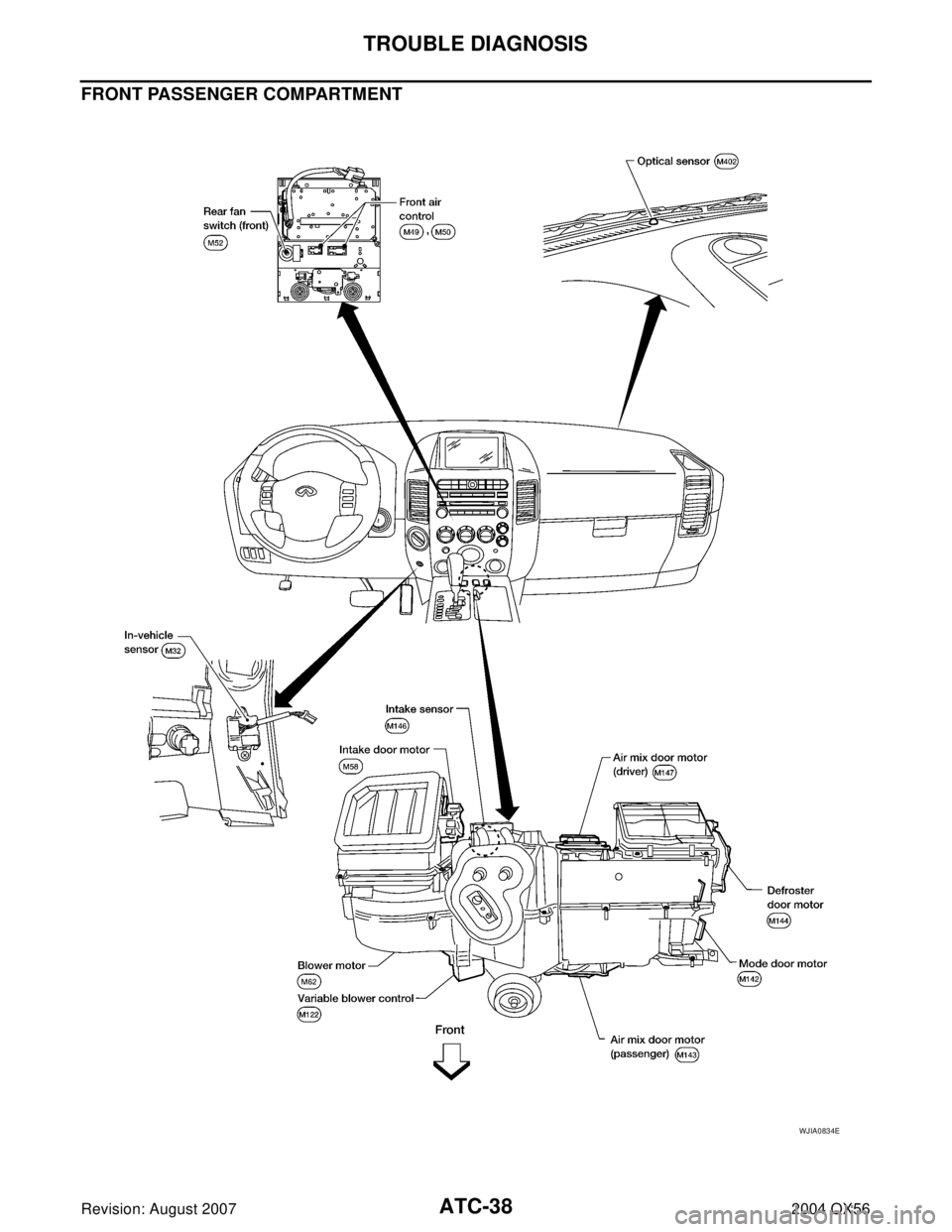 INFINITI QX56 2004  Factory Service Manual ATC-38
TROUBLE DIAGNOSIS
Revision: August 20072004 QX56
FRONT PASSENGER COMPARTMENT
WJIA0834E 