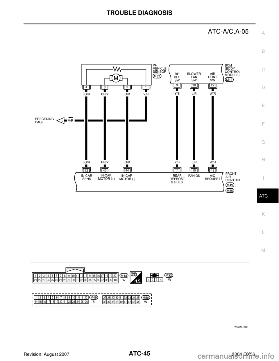 INFINITI QX56 2004  Factory Service Manual TROUBLE DIAGNOSIS
ATC-45
C
D
E
F
G
H
I
K
L
MA
B
AT C
Revision: August 20072004 QX56
WJWA0122E 