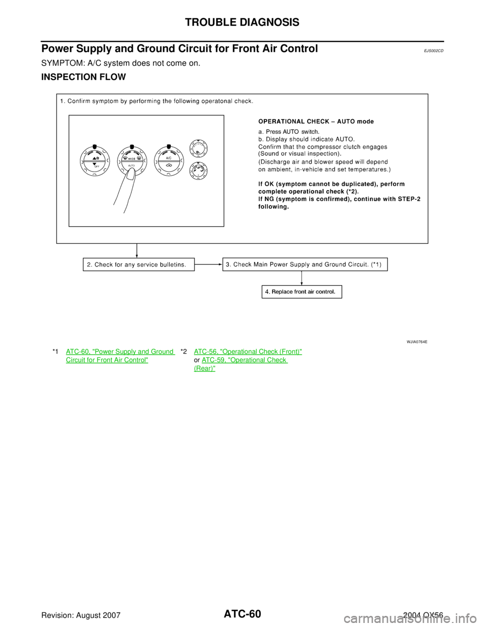 INFINITI QX56 2004 Factory Service Manual ATC-60
TROUBLE DIAGNOSIS
Revision: August 20072004 QX56
Power Supply and Ground Circuit for Front Air ControlEJ S00 2CD
SYMPTOM: A/C system does not come on.
INSPECTION FLOW
*1AT C - 6 0 , "Power Sup INFINITI QX56 2004 Factory Service Manual ATC-60
TROUBLE DIAGNOSIS
Revision: August 20072004 QX56
Power Supply and Ground Circuit for Front Air ControlEJ S00 2CD
SYMPTOM: A/C system does not come on.
INSPECTION FLOW
*1AT C - 6 0 , "Power Sup