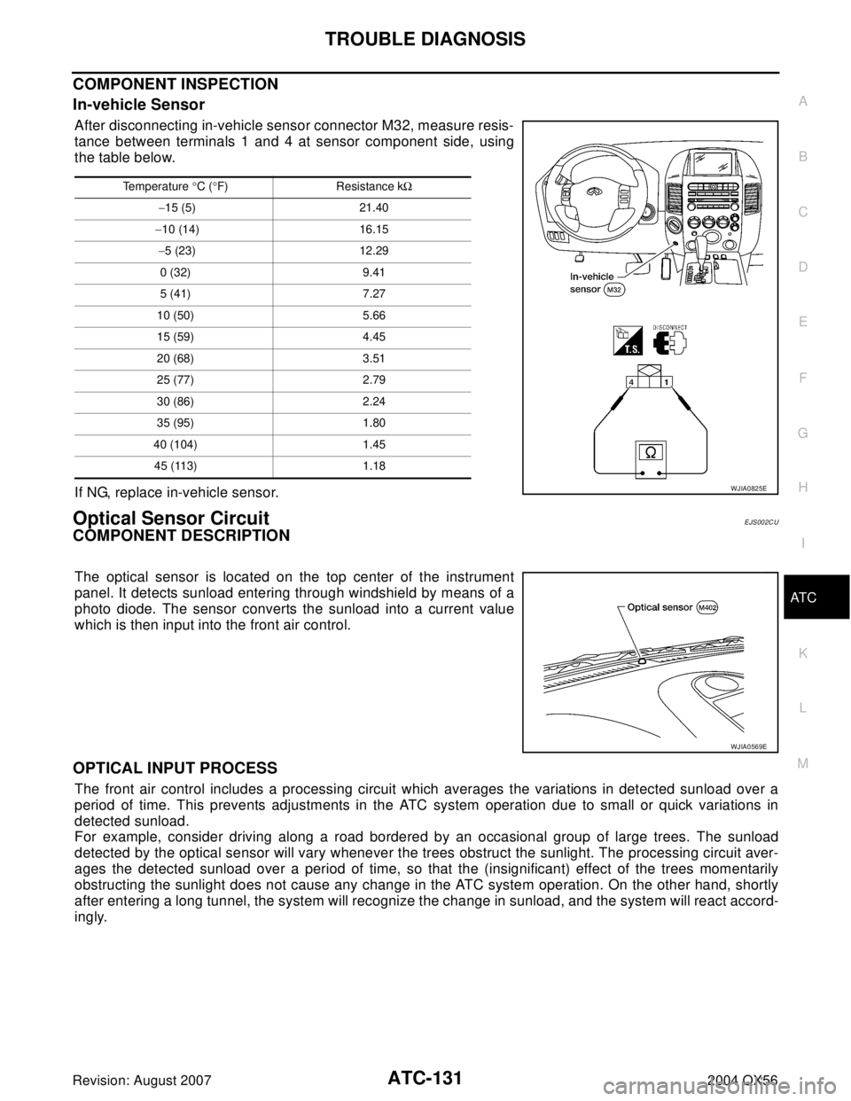 INFINITI QX56 2004 Factory Service Manual TROUBLE DIAGNOSIS
ATC-131
C
D
E
F
G
H
I
K
L
MA
B
AT C
Revision: August 20072004 QX56
COMPONENT INSPECTION
In-vehicle Sensor
After disconnecting in-vehicle sensor connector M32, measure resis-
tance be INFINITI QX56 2004 Factory Service Manual TROUBLE DIAGNOSIS
ATC-131
C
D
E
F
G
H
I
K
L
MA
B
AT C
Revision: August 20072004 QX56
COMPONENT INSPECTION
In-vehicle Sensor
After disconnecting in-vehicle sensor connector M32, measure resis-
tance be