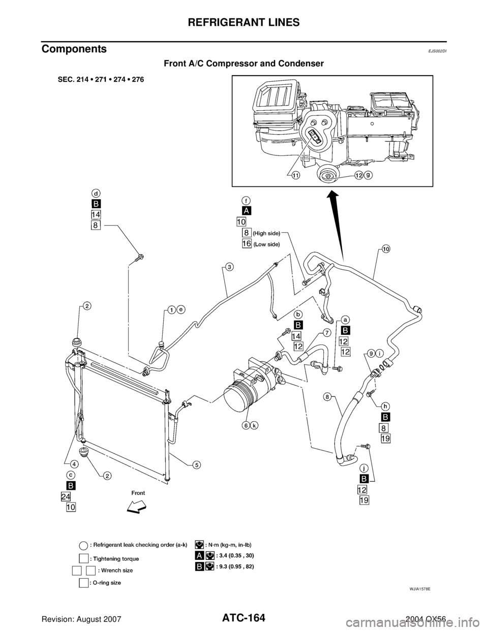 INFINITI QX56 2004  Factory Service Manual ATC-164
REFRIGERANT LINES
Revision: August 20072004 QX56
ComponentsEJS002DI
Front A/C Compressor and Condenser
WJIA1578E 