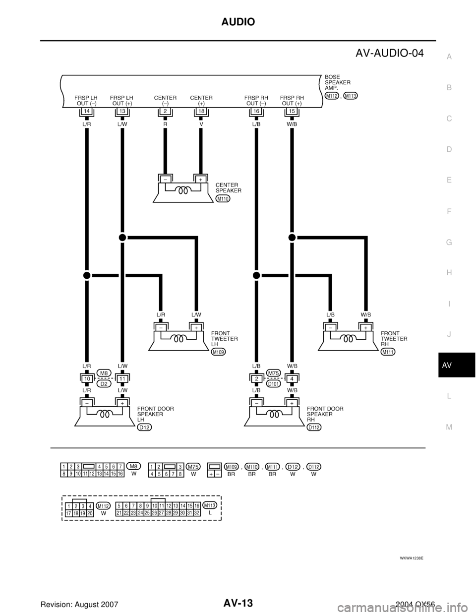 INFINITI QX56 2004  Factory User Guide AUDIO
AV-13
C
D
E
F
G
H
I
J
L
MA
B
AV
Revision: August 20072004 QX56
WKWA1238E 