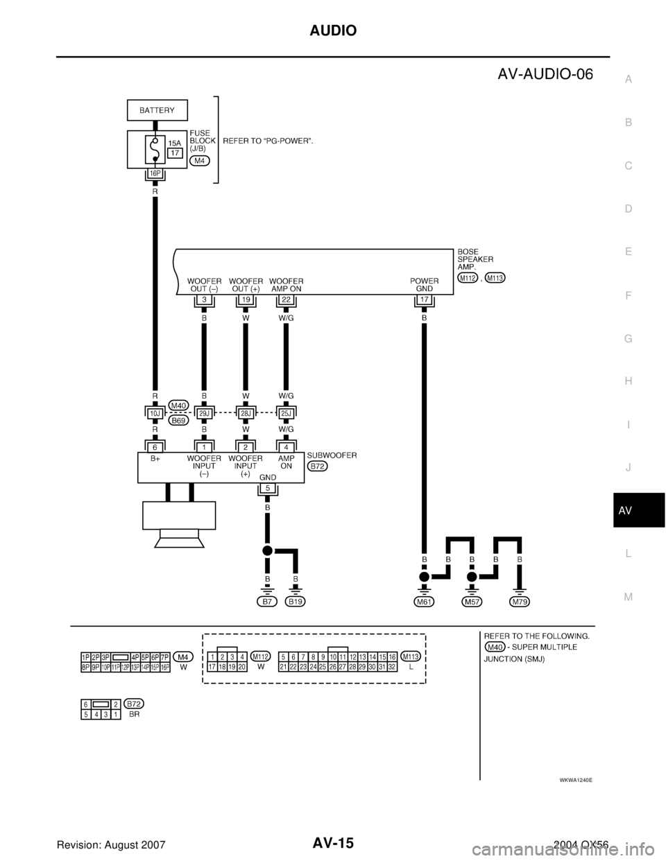 INFINITI QX56 2004  Factory User Guide AUDIO
AV-15
C
D
E
F
G
H
I
J
L
MA
B
AV
Revision: August 20072004 QX56
WKWA1240E 