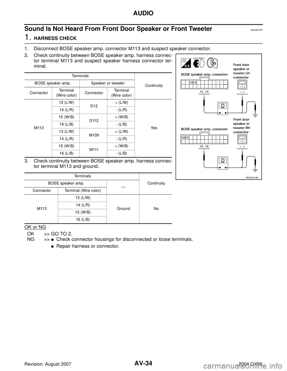 INFINITI QX56 2004 Factory Owners Guide AV-34
AUDIO
Revision: August 20072004 QX56
Sound Is Not Heard From Front Door Speaker or Front TweeterEKS007KR
1. HARNESS CHECK
1. Disconnect BOSE speaker amp. connector M113 and suspect speaker conne INFINITI QX56 2004 Factory Owners Guide AV-34
AUDIO
Revision: August 20072004 QX56
Sound Is Not Heard From Front Door Speaker or Front TweeterEKS007KR
1. HARNESS CHECK
1. Disconnect BOSE speaker amp. connector M113 and suspect speaker conne