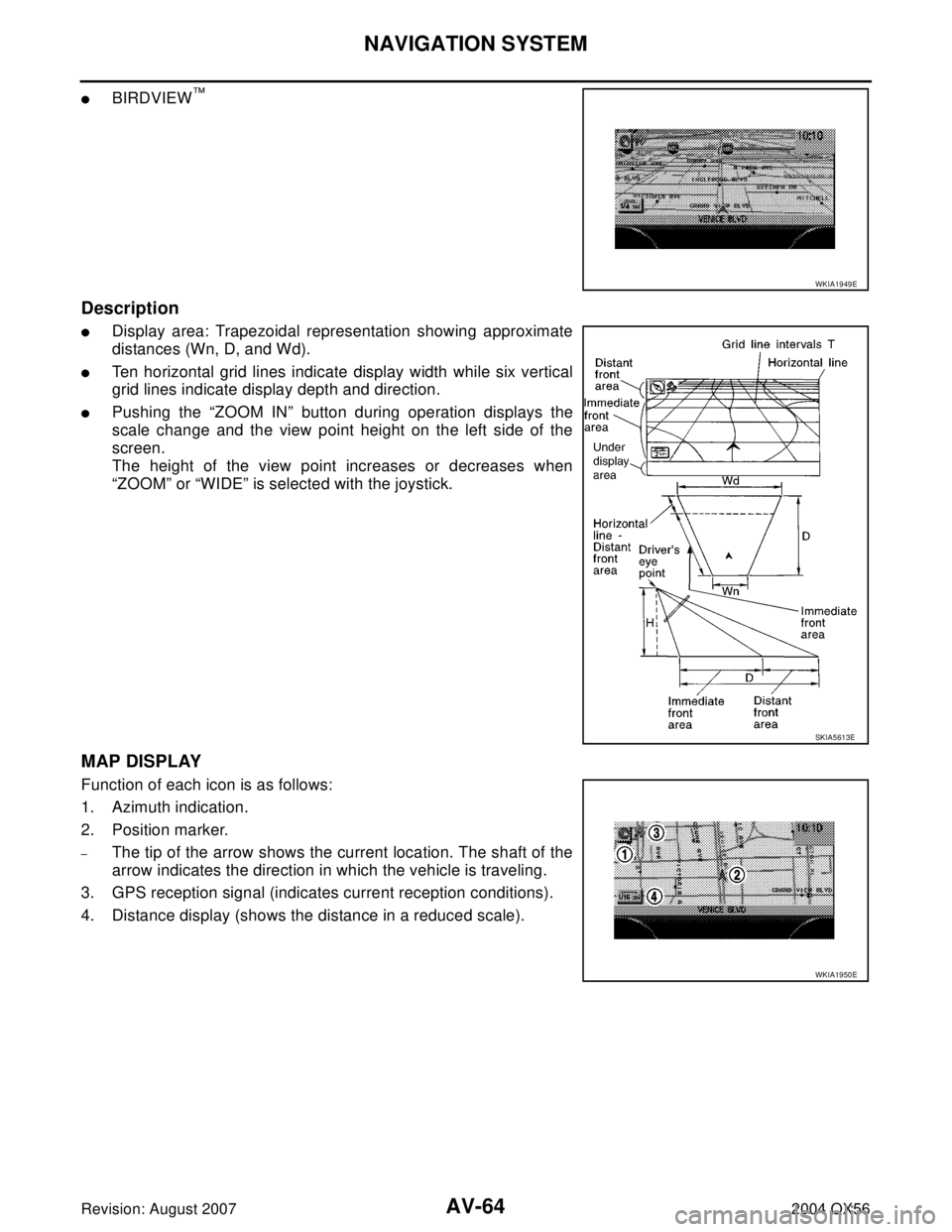 INFINITI QX56 2004  Factory Service Manual AV-64
NAVIGATION SYSTEM
Revision: August 20072004 QX56
BIRDVIEW™
Description
Display area: Trapezoidal representation showing approximate
distances (Wn, D, and Wd).
Ten horizontal grid lines indi