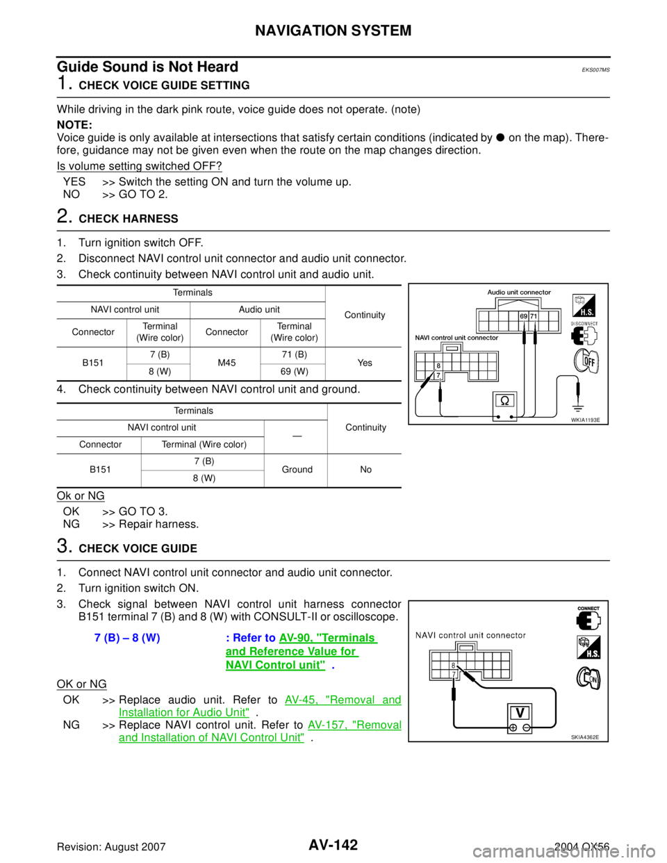 INFINITI QX56 2004 Factory Manual Online AV-142
NAVIGATION SYSTEM
Revision: August 20072004 QX56
Guide Sound is Not HeardEKS007MS
1. CHECK VOICE GUIDE SETTING
While driving in the dark pink route, voice guide does not operate. (note)
NOTE:
V INFINITI QX56 2004 Factory Manual Online AV-142
NAVIGATION SYSTEM
Revision: August 20072004 QX56
Guide Sound is Not HeardEKS007MS
1. CHECK VOICE GUIDE SETTING
While driving in the dark pink route, voice guide does not operate. (note)
NOTE:
V