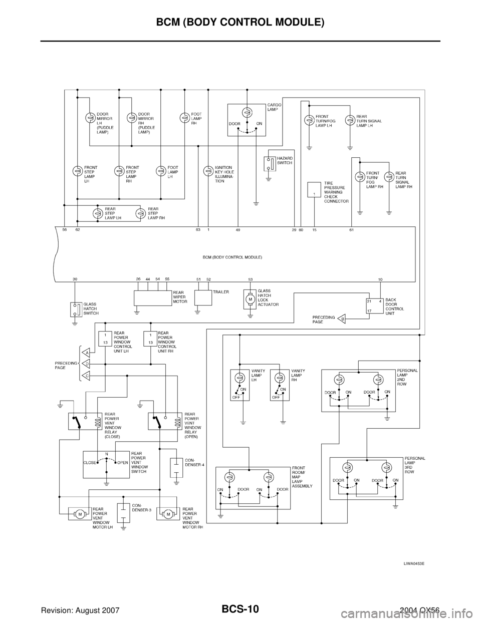 INFINITI QX56 2004  Factory Owners Manual BCS-10
BCM (BODY CONTROL MODULE)
Revision: August 20072004 QX56
LIWA0453E 