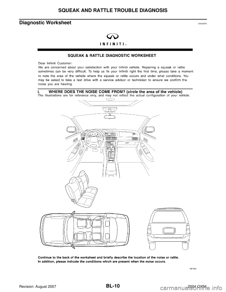 INFINITI QX56 2004 Factory Service Manual BL-10
SQUEAK AND RATTLE TROUBLE DIAGNOSIS
Revision: August 20072004 QX56
Diagnostic WorksheetEIS0 02 R3
SBT 8 60 INFINITI QX56 2004 Factory Service Manual BL-10
SQUEAK AND RATTLE TROUBLE DIAGNOSIS
Revision: August 20072004 QX56
Diagnostic WorksheetEIS0 02 R3
SBT 8 60