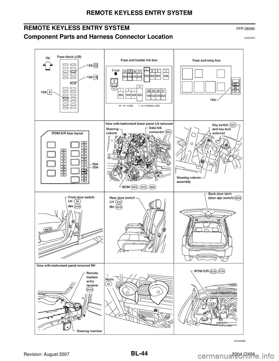 INFINITI QX56 2004  Factory Service Manual BL-44
REMOTE KEYLESS ENTRY SYSTEM
Revision: August 20072004 QX56
REMOTE KEYLESS ENTRY SYSTEMPFP:28596
Component Parts and Harness Connector LocationEIS002RO
WIIA0588E 