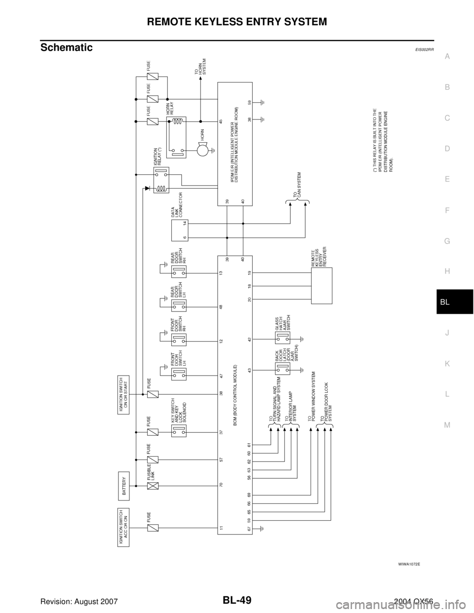 INFINITI QX56 2004  Factory Service Manual REMOTE KEYLESS ENTRY SYSTEM
BL-49
C
D
E
F
G
H
J
K
L
MA
B
BL
Revision: August 20072004 QX56
SchematicEIS002RR
WIWA1072E 