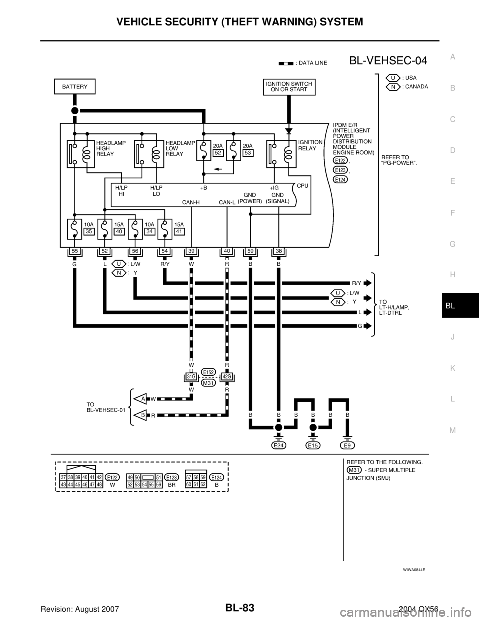 INFINITI QX56 2004  Factory Owners Guide VEHICLE SECURITY (THEFT WARNING) SYSTEM
BL-83
C
D
E
F
G
H
J
K
L
MA
B
BL
Revision: August 20072004 QX56
WIWA0844E 