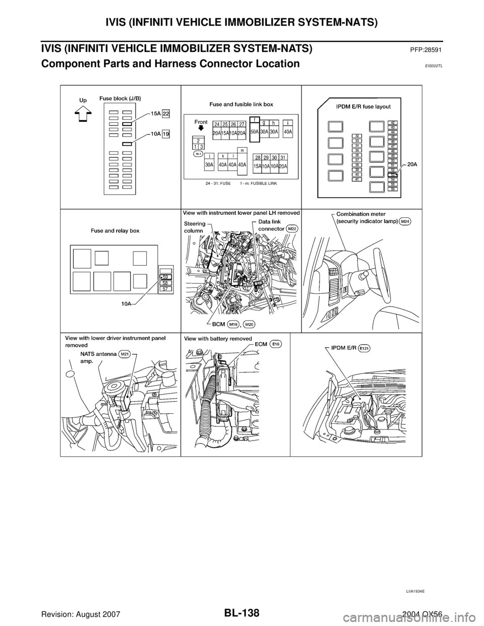 INFINITI QX56 2004  Factory Service Manual BL-138
IVIS (INFINITI VEHICLE IMMOBILIZER SYSTEM-NATS)
Revision: August 20072004 QX56
IVIS (INFINITI VEHICLE IMMOBILIZER SYSTEM-NATS)PFP:28591
Component Parts and Harness Connector LocationEIS002TL
LI