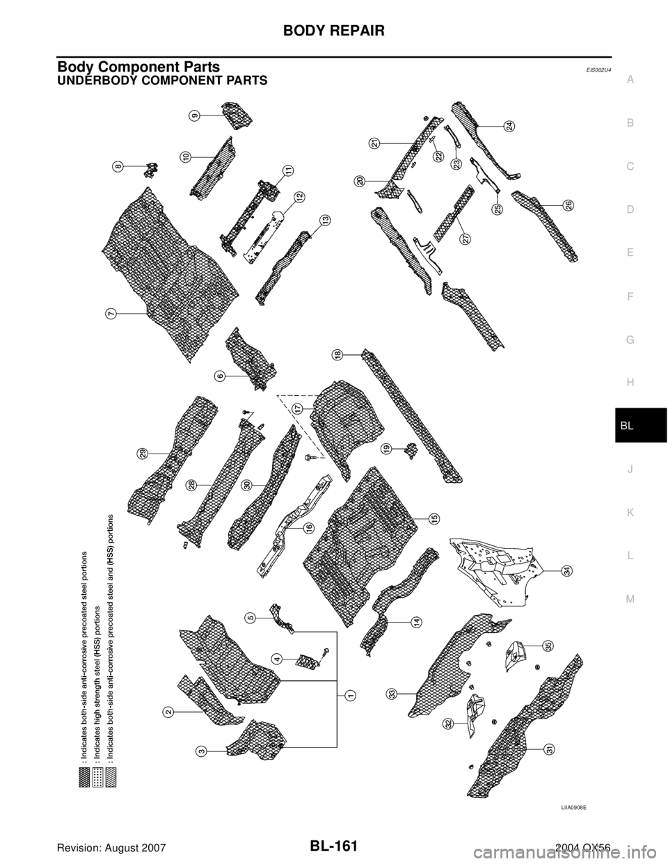 INFINITI QX56 2004 Factory Workshop Manual BODY REPAIR
BL-161
C
D
E
F
G
H
J
K
L
MA
B
BL
Revision: August 20072004 QX56
Body Component PartsEIS002U4
UNDERBODY COMPONENT PARTS
LIIA0908E INFINITI QX56 2004 Factory Workshop Manual BODY REPAIR
BL-161
C
D
E
F
G
H
J
K
L
MA
B
BL
Revision: August 20072004 QX56
Body Component PartsEIS002U4
UNDERBODY COMPONENT PARTS
LIIA0908E