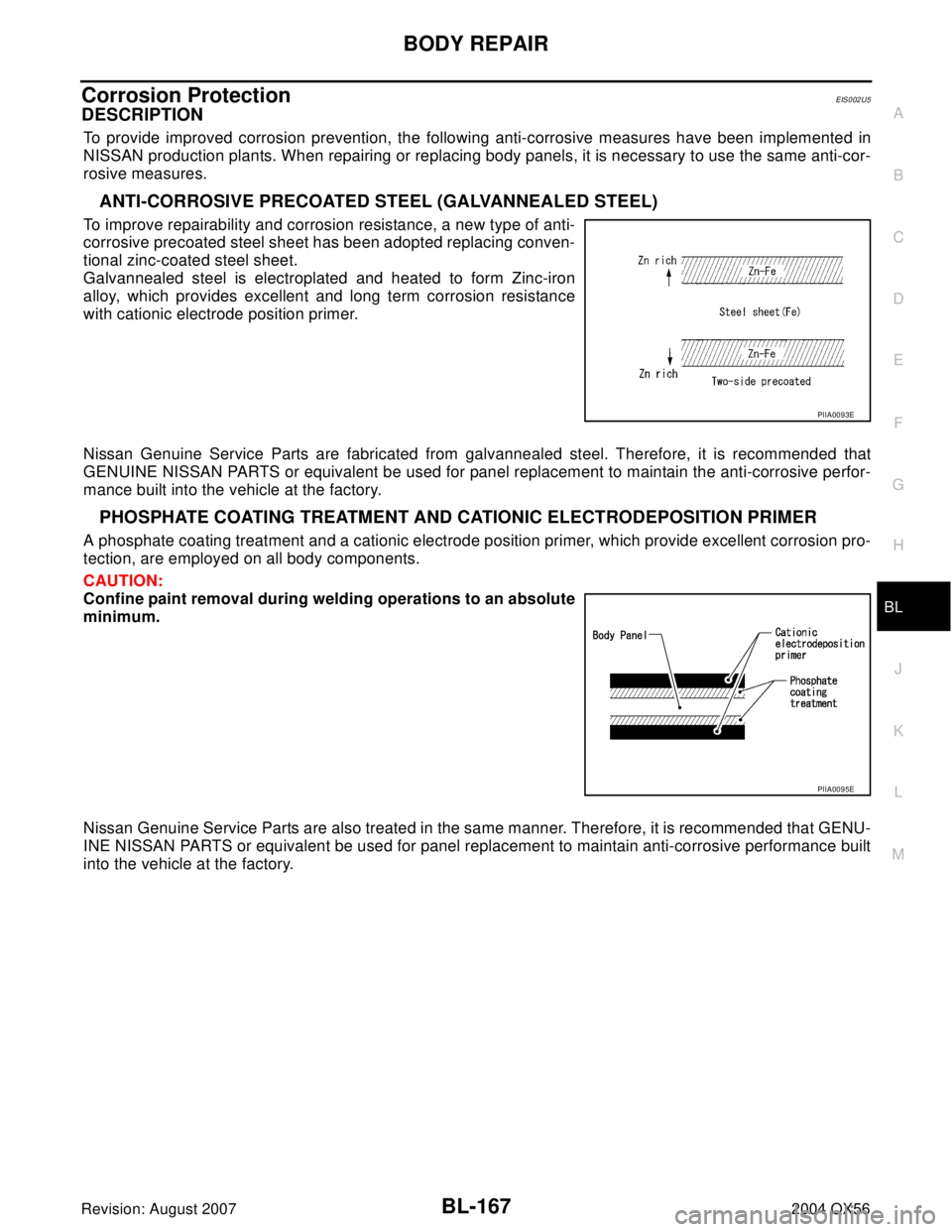 INFINITI QX56 2004  Factory User Guide BODY REPAIR
BL-167
C
D
E
F
G
H
J
K
L
MA
B
BL
Revision: August 20072004 QX56
Corrosion ProtectionEIS002U5
DESCRIPTION
To provide improved corrosion prevention, the following anti-corrosive measures hav