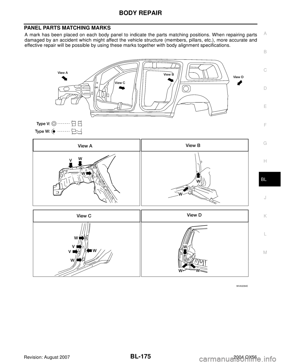 INFINITI QX56 2004  Factory Repair Manual BODY REPAIR
BL-175
C
D
E
F
G
H
J
K
L
MA
B
BL
Revision: August 20072004 QX56
PANEL PARTS MATCHING MARKS
A mark has been placed on each body panel to indicate the parts matching positions. When repairin