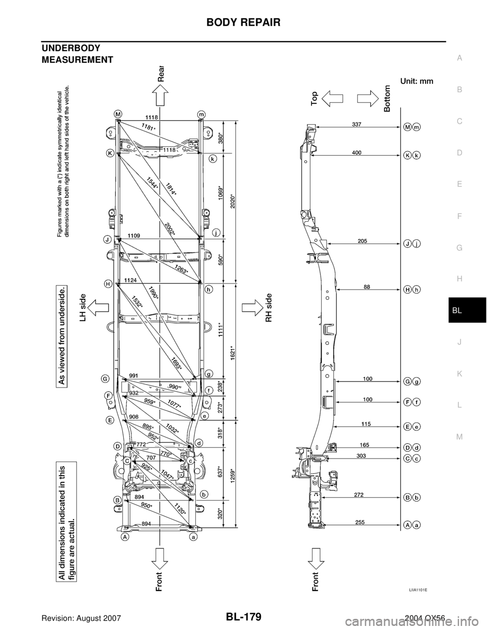 INFINITI QX56 2004 Factory Manual PDF BODY REPAIR
BL-179
C
D
E
F
G
H
J
K
L
MA
B
BL
Revision: August 20072004 QX56
UNDERBODY
MEASUREMENT
LIIA1101E INFINITI QX56 2004 Factory Manual PDF BODY REPAIR
BL-179
C
D
E
F
G
H
J
K
L
MA
B
BL
Revision: August 20072004 QX56
UNDERBODY
MEASUREMENT
LIIA1101E