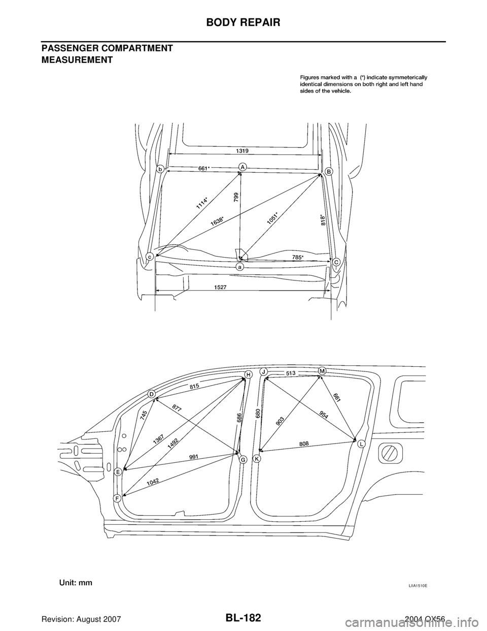 INFINITI QX56 2004 Factory Manual PDF BL-182
BODY REPAIR
Revision: August 20072004 QX56
PASSENGER COMPARTMENT
MEASUREMENT
LIIA1510E INFINITI QX56 2004 Factory Manual PDF BL-182
BODY REPAIR
Revision: August 20072004 QX56
PASSENGER COMPARTMENT
MEASUREMENT
LIIA1510E
