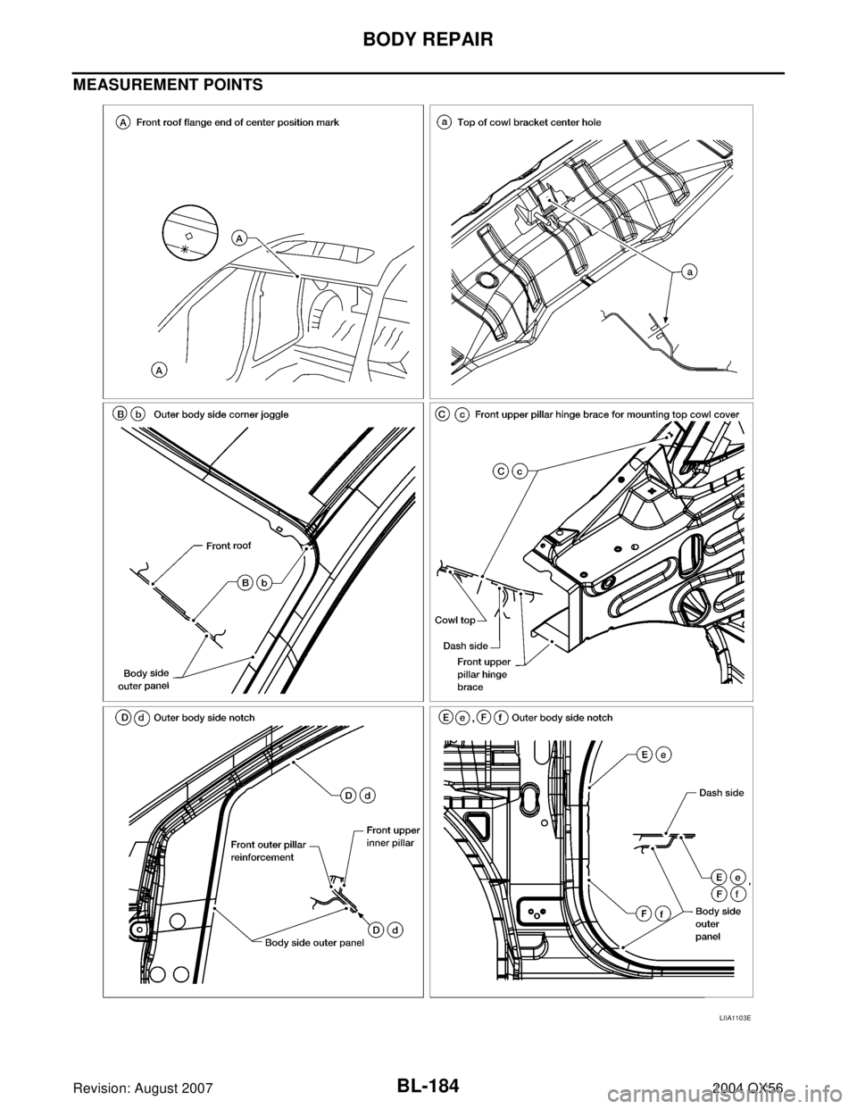 INFINITI QX56 2004 Factory Manual PDF BL-184
BODY REPAIR
Revision: August 20072004 QX56
MEASUREMENT POINTS
LIIA1103E INFINITI QX56 2004 Factory Manual PDF BL-184
BODY REPAIR
Revision: August 20072004 QX56
MEASUREMENT POINTS
LIIA1103E