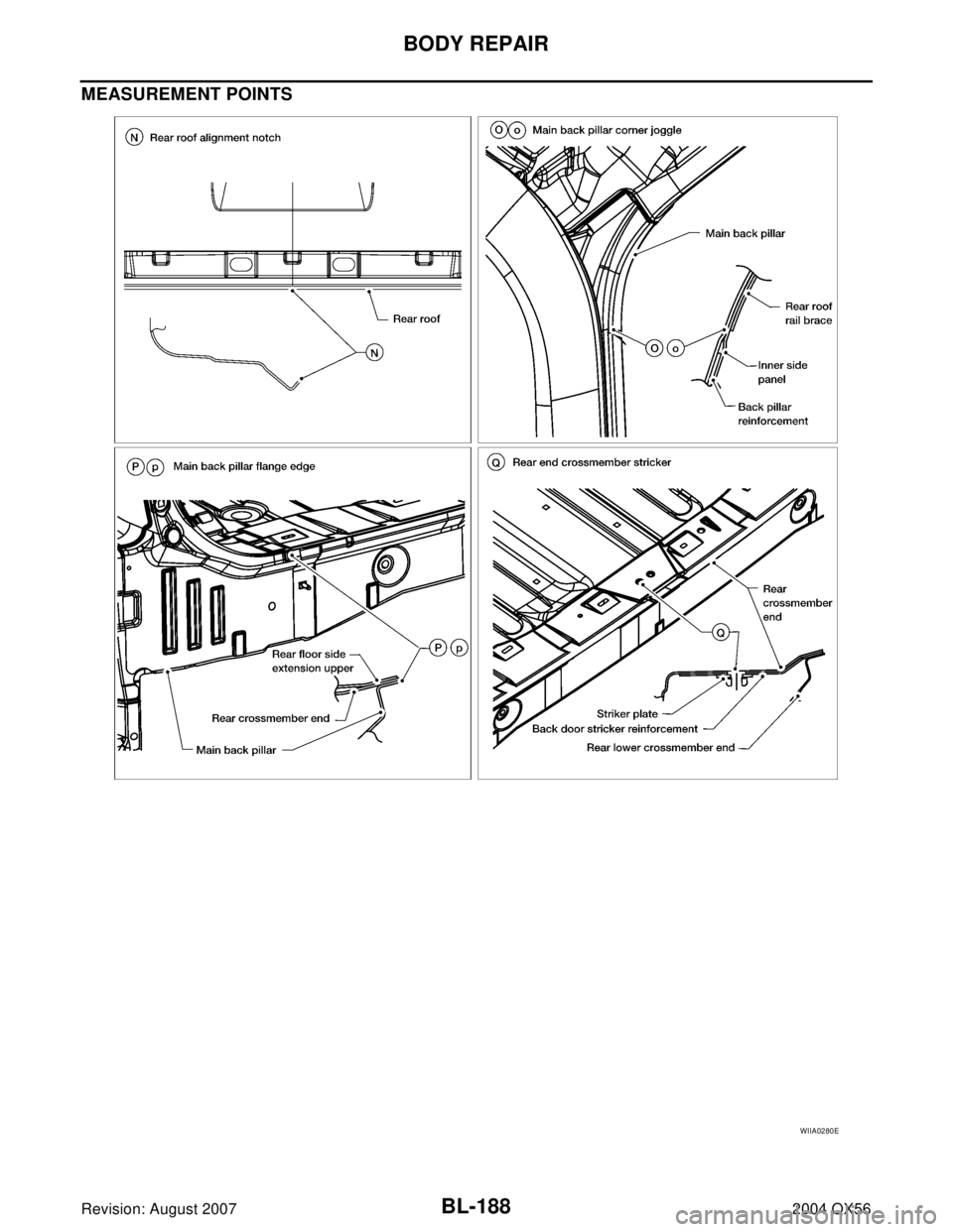 INFINITI QX56 2004 Factory Manual PDF BL-188
BODY REPAIR
Revision: August 20072004 QX56
MEASUREMENT POINTS
WIIA0280E INFINITI QX56 2004 Factory Manual PDF BL-188
BODY REPAIR
Revision: August 20072004 QX56
MEASUREMENT POINTS
WIIA0280E