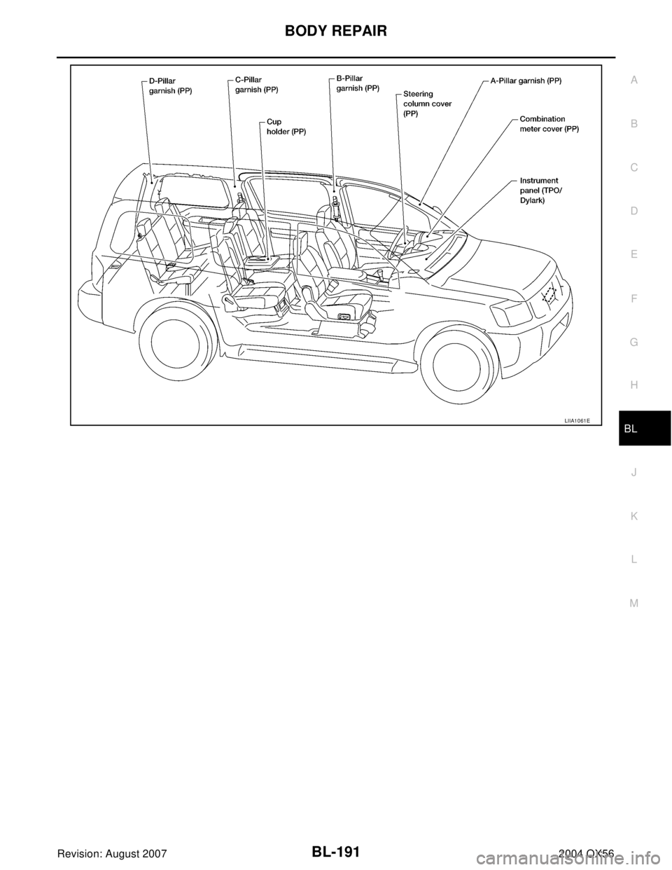 INFINITI QX56 2004  Factory Manual Online BODY REPAIR
BL-191
C
D
E
F
G
H
J
K
L
MA
B
BL
Revision: August 20072004 QX56LIIA1061E 