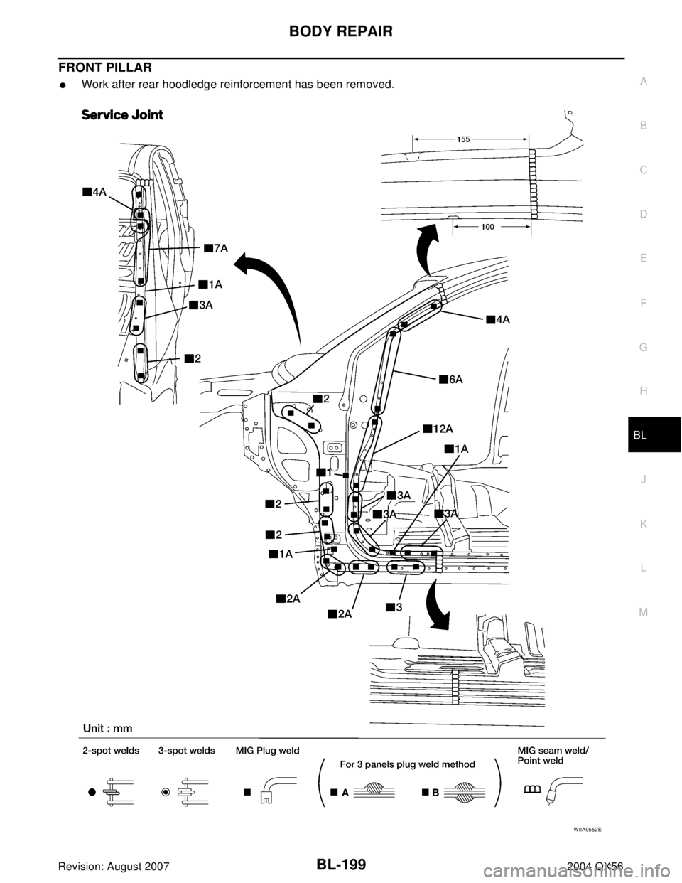 INFINITI QX56 2004  Factory Owners Manual BODY REPAIR
BL-199
C
D
E
F
G
H
J
K
L
MA
B
BL
Revision: August 20072004 QX56
FRONT PILLAR
Work after rear hoodledge reinforcement has been removed.
WIIA0552E 
