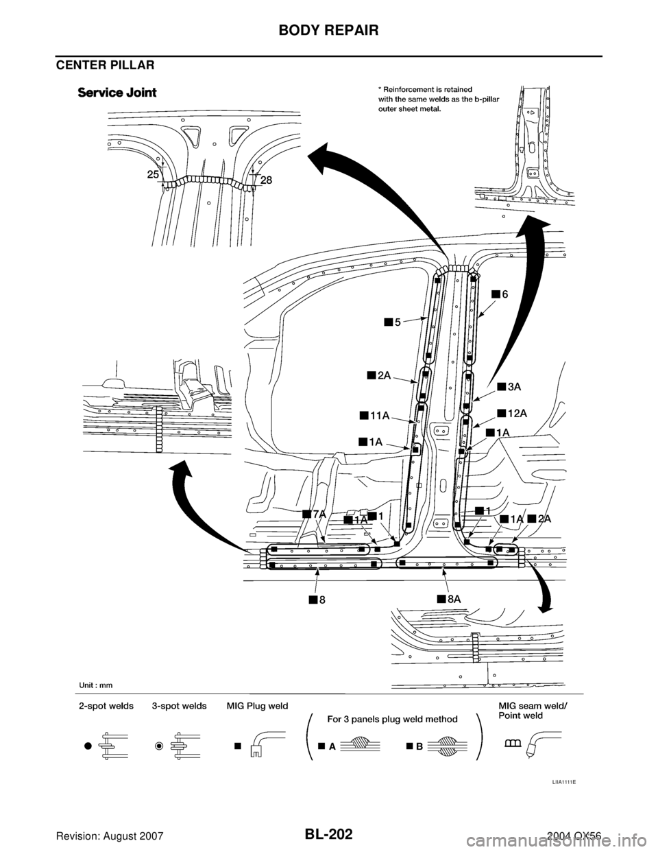 INFINITI QX56 2004  Factory Owners Manual BL-202
BODY REPAIR
Revision: August 20072004 QX56
CENTER PILLAR
LIIA1111E 