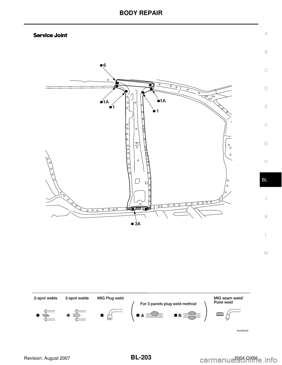 INFINITI QX56 2004  Factory Owners Manual BODY REPAIR
BL-203
C
D
E
F
G
H
J
K
L
MA
B
BL
Revision: August 20072004 QX56
WIIA0634E 