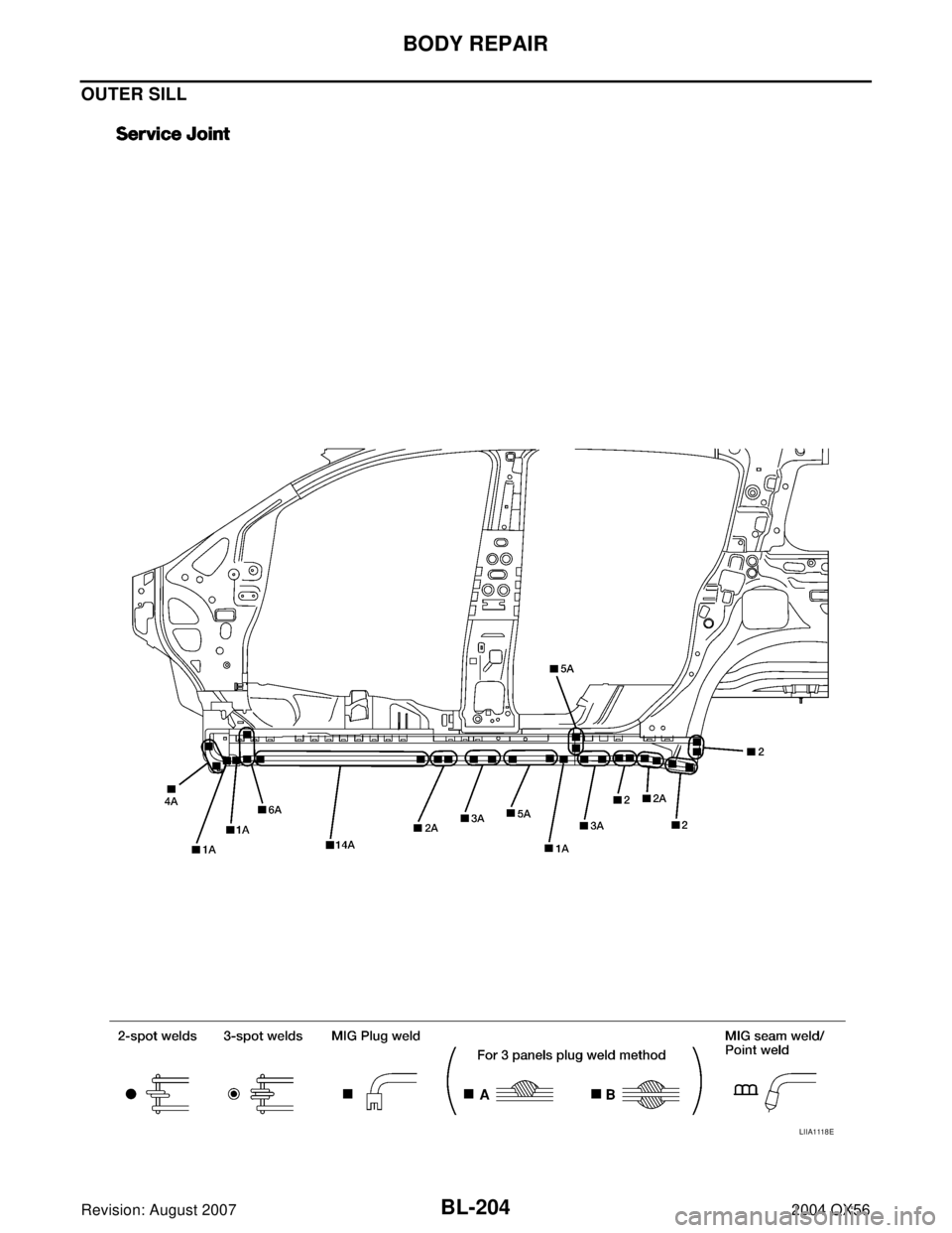 INFINITI QX56 2004  Factory Owners Manual BL-204
BODY REPAIR
Revision: August 20072004 QX56
OUTER SILL
LIIA1118E 