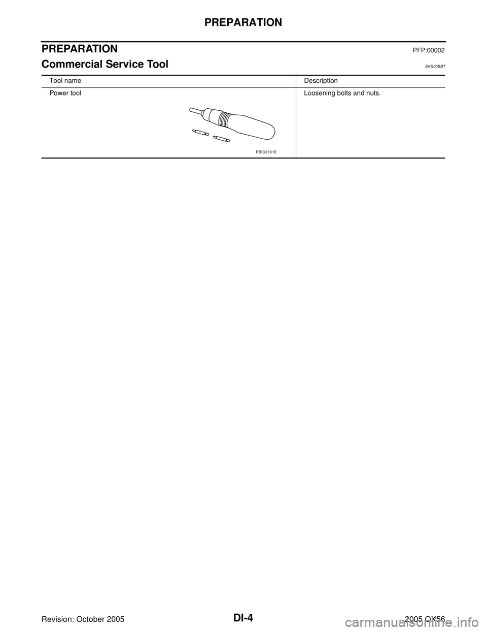 INFINITI QX4 2005  Factory Service Manual DI-4
PREPARATION
Revision: October 20052005 QX56
PREPARATIONPFP:00002
Commercial Service ToolEKS00BBT
Tool nameDescription
Power toolLoosening bolts and nuts.
PBIC0191E 