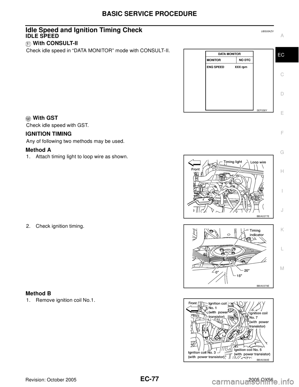 INFINITI QX4 2005  Factory Manual PDF BASIC SERVICE PROCEDURE
EC-77
C
D
E
F
G
H
I
J
K
L
MA
EC
Revision: October 20052005 QX56
Idle Speed and Ignition Timing CheckUBS00KZV
IDLE SPEED
 With CONSULT-II
Check idle speed in “DATA MONITOR” 