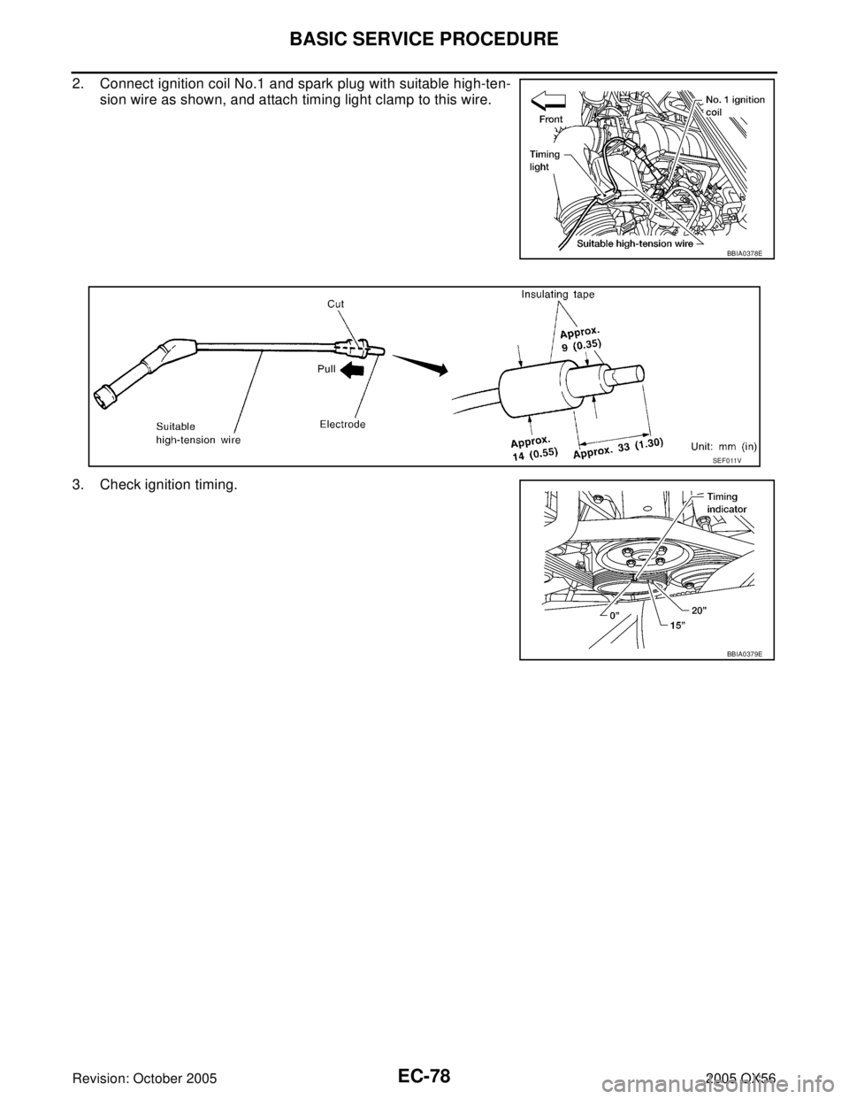 INFINITI QX4 2005  Factory Manual PDF EC-78Revision: October 2005
BASIC SERVICE PROCEDURE
2005 QX56
2. Connect ignition coil No.1 and spark plug with suitable high-ten-
sion wire as shown, and attach timing light clamp to this wire.
3. Ch