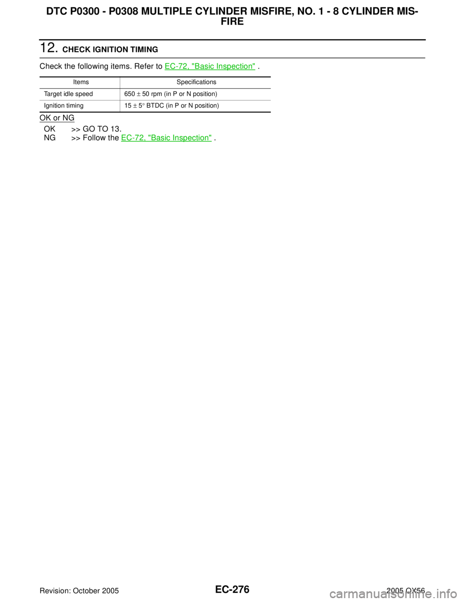 INFINITI QX4 2005 Factory Service Manual EC-276Revision: October 2005
DTC P0300 - P0308 MULTIPLE CYLINDER MISFIRE, NO. 1 - 8 CYLINDER MIS-
FIRE
2005 QX56
12. CHECK IGNITION TIMING
Check the following items. Refer to EC-72, "
Basic Inspection INFINITI QX4 2005 Factory Service Manual EC-276Revision: October 2005
DTC P0300 - P0308 MULTIPLE CYLINDER MISFIRE, NO. 1 - 8 CYLINDER MIS-
FIRE
2005 QX56
12. CHECK IGNITION TIMING
Check the following items. Refer to EC-72, "
Basic Inspection