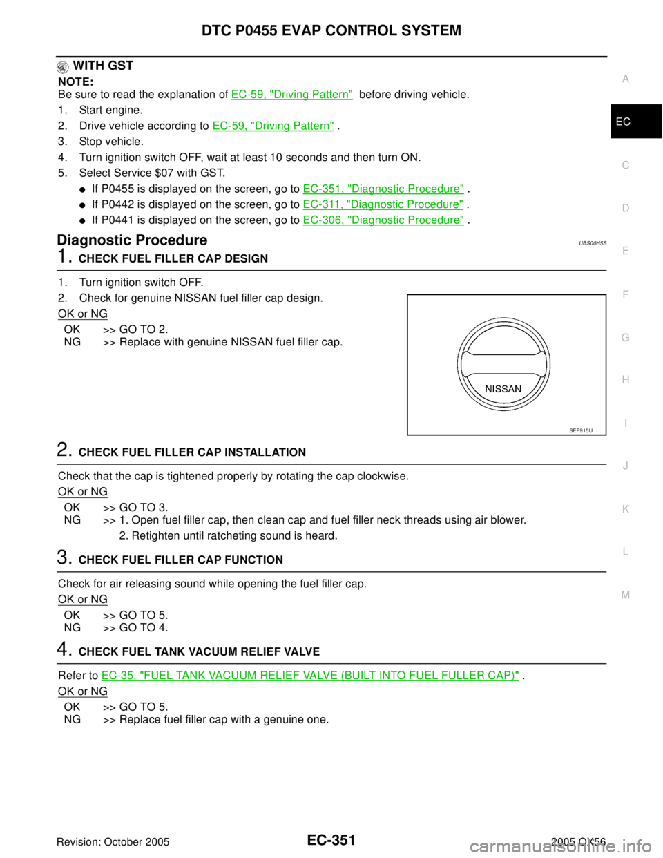 INFINITI QX4 2005  Factory Service Manual DTC P0455 EVAP CONTROL SYSTEM
EC-351
C
D
E
F
G
H
I
J
K
L
MA
EC
Revision: October 20052005 QX56
 WITH GST
NOTE:
Be sure to read the explanation of EC-59, "
Driving Pattern"  before driving vehicle.
1. 