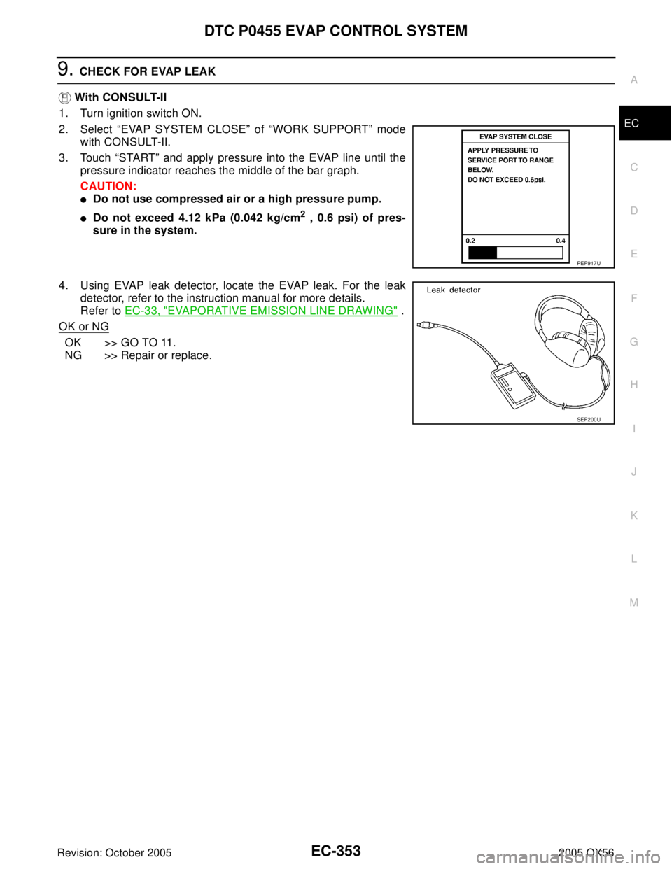 INFINITI QX4 2005  Factory Service Manual DTC P0455 EVAP CONTROL SYSTEM
EC-353
C
D
E
F
G
H
I
J
K
L
MA
EC
Revision: October 20052005 QX56
9. CHECK FOR EVAP LEAK
 With CONSULT-II
1. Turn ignition switch ON.
2. Select “EVAP SYSTEM CLOSE” of 