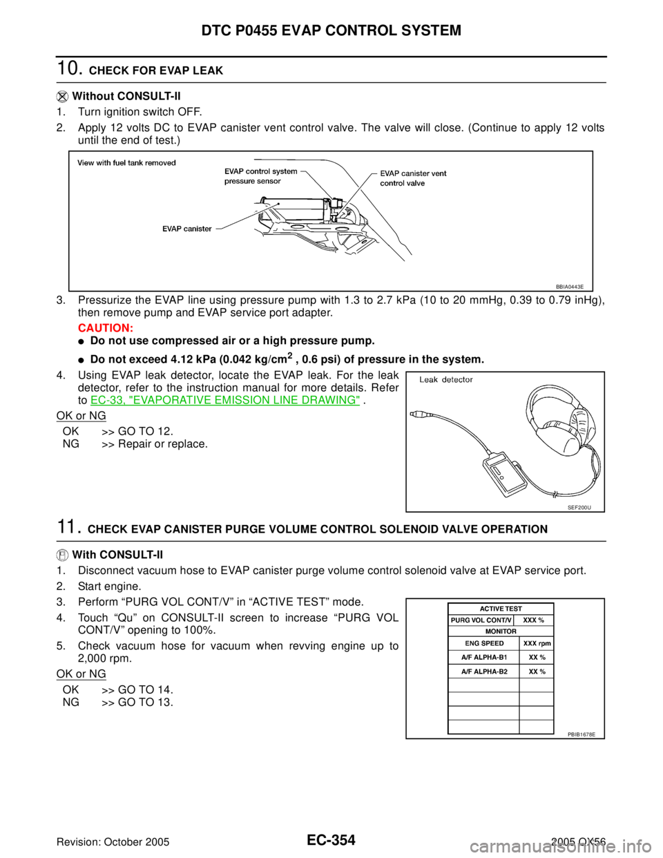 INFINITI QX4 2005  Factory Service Manual EC-354Revision: October 2005
DTC P0455 EVAP CONTROL SYSTEM
2005 QX56
10. CHECK FOR EVAP LEAK
 Without CONSULT-II
1. Turn ignition switch OFF.
2. Apply 12 volts DC to EVAP canister vent control valve. 