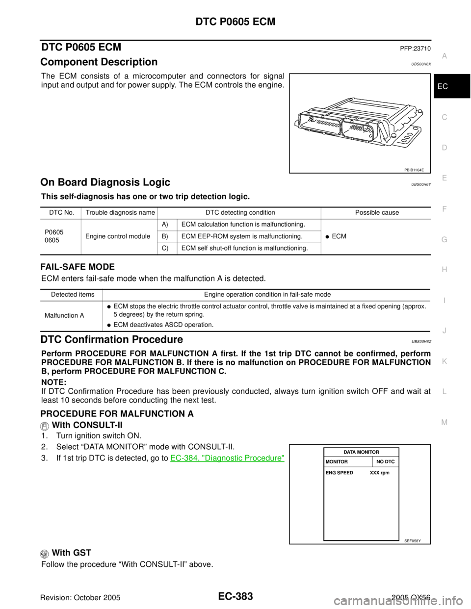 INFINITI QX4 2005 Factory Service Manual DTC P0605 ECM
EC-383
C
D
E
F
G
H
I
J
K
L
MA
EC
Revision: October 20052005 QX56
DTC P0605 ECMPFP:23710
Component DescriptionUBS00H6X
The ECM consists of a microcomputer and connectors for signal
input INFINITI QX4 2005 Factory Service Manual DTC P0605 ECM
EC-383
C
D
E
F
G
H
I
J
K
L
MA
EC
Revision: October 20052005 QX56
DTC P0605 ECMPFP:23710
Component DescriptionUBS00H6X
The ECM consists of a microcomputer and connectors for signal
input