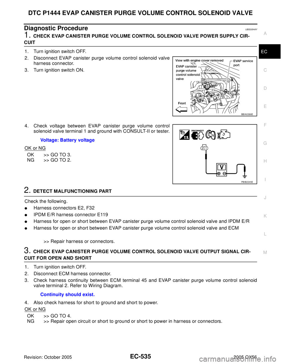 INFINITI QX4 2005  Factory Service Manual DTC P1444 EVAP CANISTER PURGE VOLUME CONTROL SOLENOID VALVE
EC-535
C
D
E
F
G
H
I
J
K
L
MA
EC
Revision: October 20052005 QX56
Diagnostic ProcedureUBS00HAY
1. CHECK EVAP CANISTER PURGE VOLUME CONTROL SO