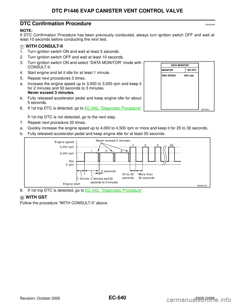 INFINITI QX4 2005 Factory Service Manual EC-540Revision: October 2005
DTC P1446 EVAP CANISTER VENT CONTROL VALVE
2005 QX56
DTC Confirmation ProcedureUBS00HB4
NOTE:
If DTC Confirmation Procedure has been previously conducted, always turn igni INFINITI QX4 2005 Factory Service Manual EC-540Revision: October 2005
DTC P1446 EVAP CANISTER VENT CONTROL VALVE
2005 QX56
DTC Confirmation ProcedureUBS00HB4
NOTE:
If DTC Confirmation Procedure has been previously conducted, always turn igni