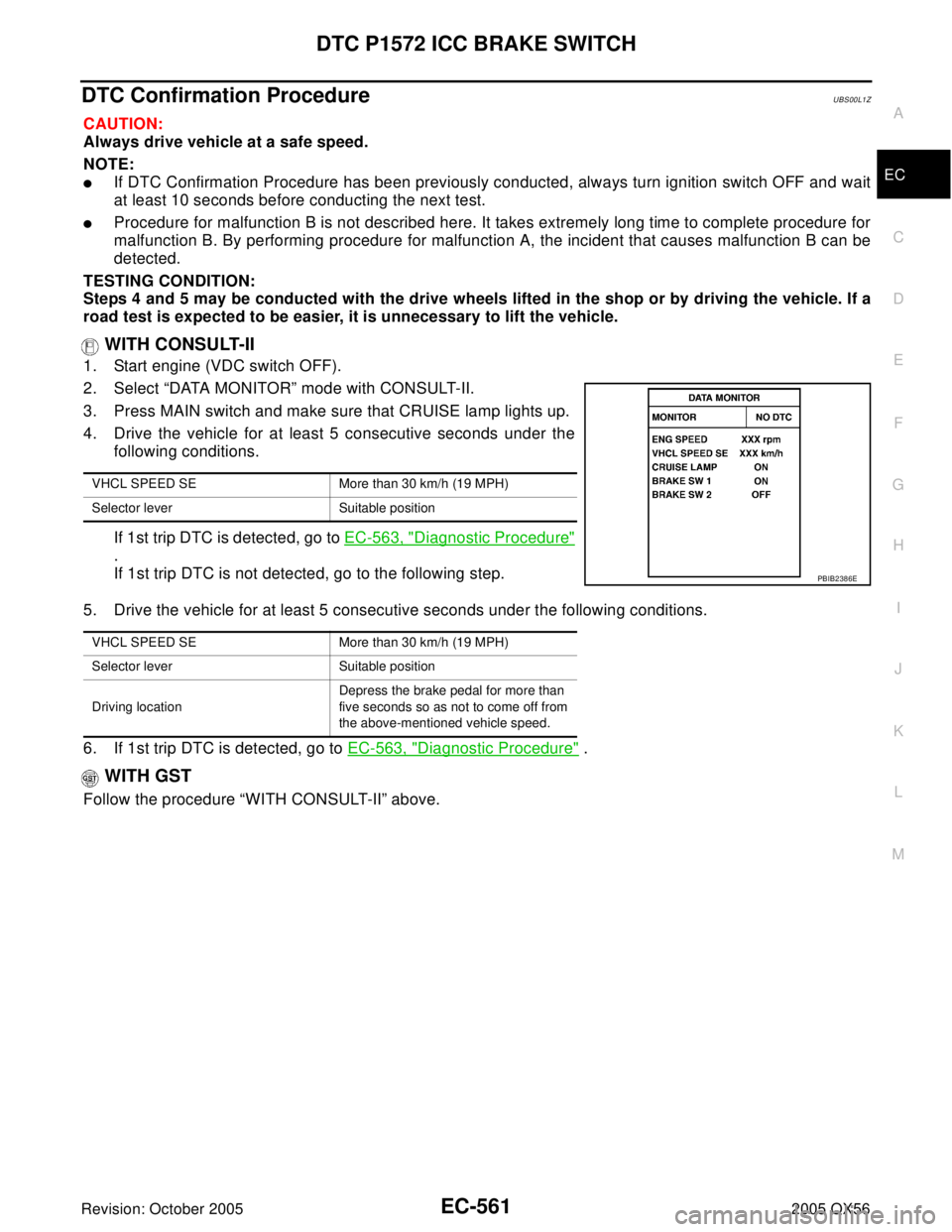 INFINITI QX4 2005  Factory Service Manual DTC P1572 ICC BRAKE SWITCH
EC-561
C
D
E
F
G
H
I
J
K
L
MA
EC
Revision: October 20052005 QX56
DTC Confirmation ProcedureUBS00L1Z
CAUTION:
Always drive vehicle at a safe speed.
NOTE:
If DTC Confirmation