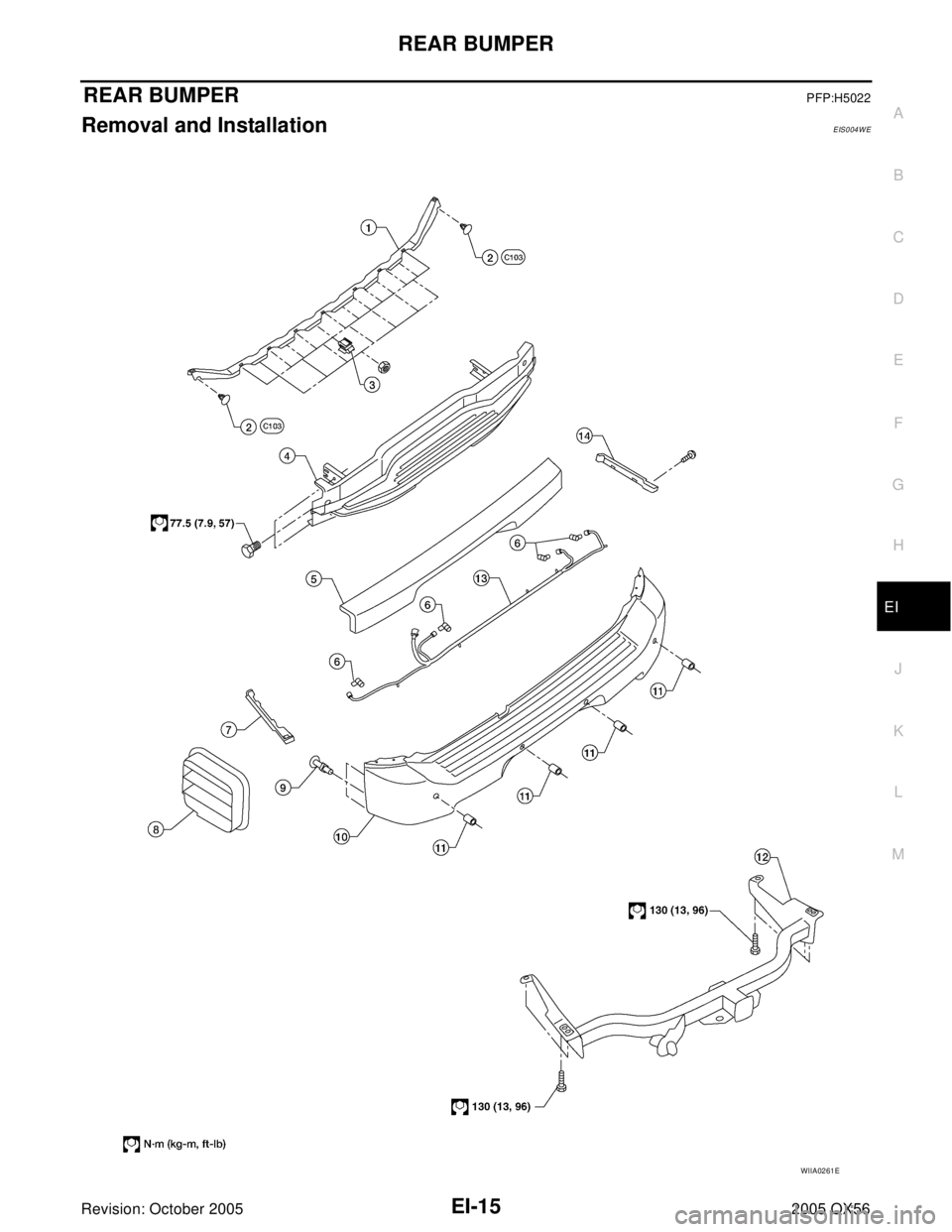 INFINITI QX4 2005  Factory Service Manual REAR BUMPER
EI-15
C
D
E
F
G
H
J
K
L
MA
B
EI
Revision: October 20052005 QX56
REAR BUMPERPFP:H5022
Removal and InstallationEIS004WE
WIIA0261E 